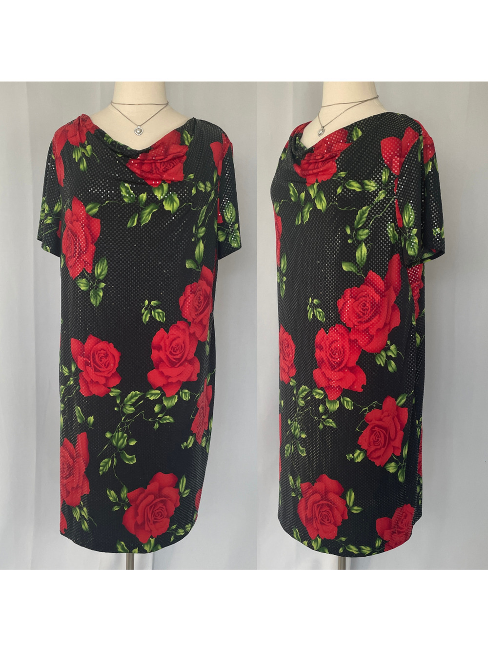 Vintage Midi Dress Plus Size 2XL 3XL Black Red Rose Floral Sparkle Romantic Y2K